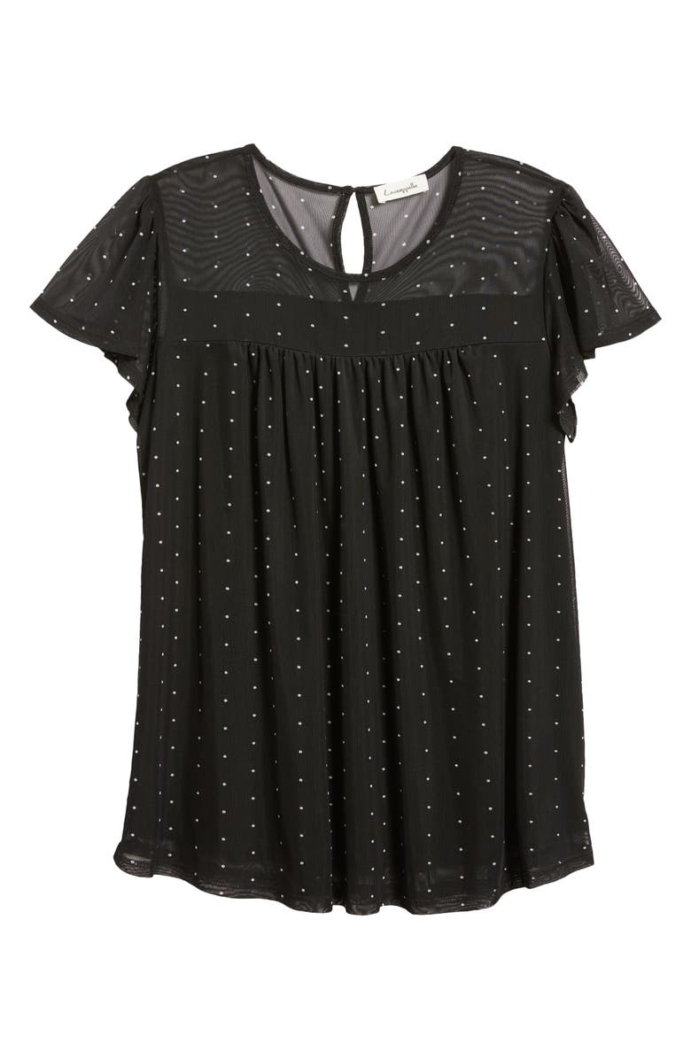 Loveappella Polka Dot Sheer Yoke Mesh Top, Alternate, color, Black