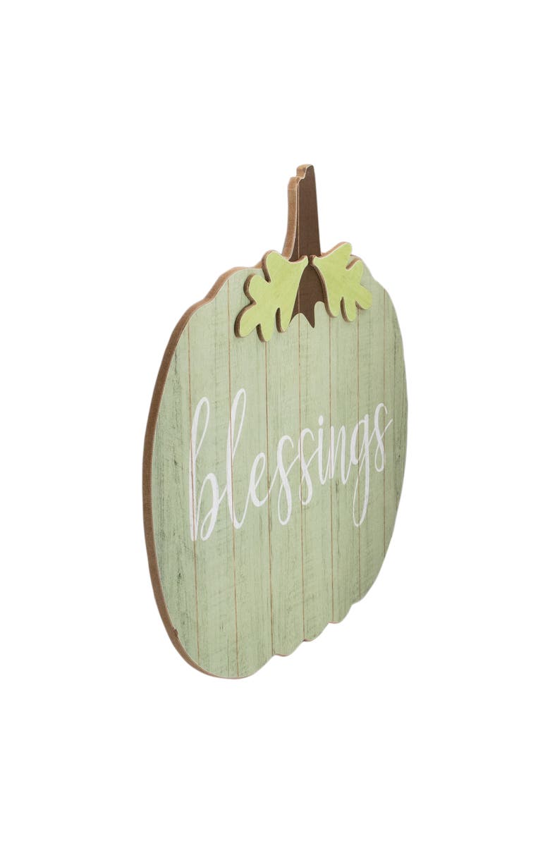 Northlight 20" Green and Brown Blessings Pumpkin Wooden Thanksgiving Hanging Wall Sign, Alternate, color, Green