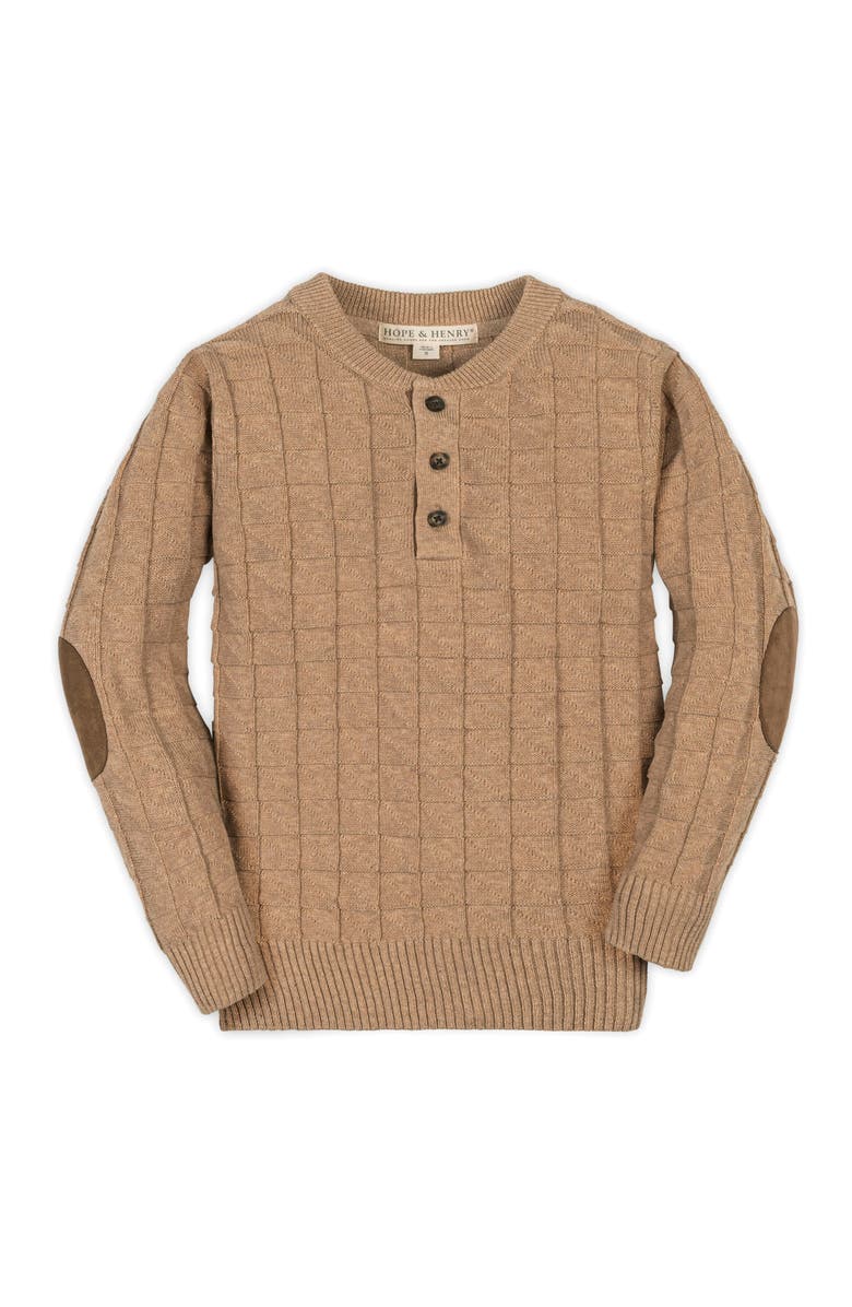 Hope & Henry Kids' Organic Long Sleeve Henley Pullover Sweater with Elbow Patches, Main, color, Camel Heather Grid