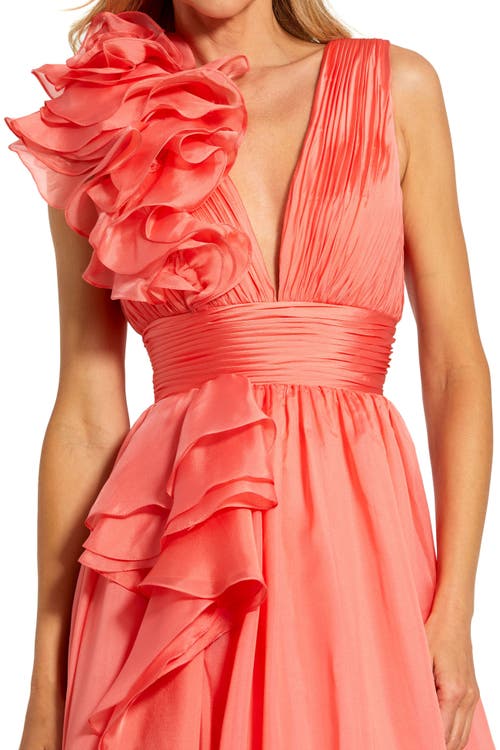 Mac Duggal Ruffle Detail Ruched Chiffon Ballgown In Coral