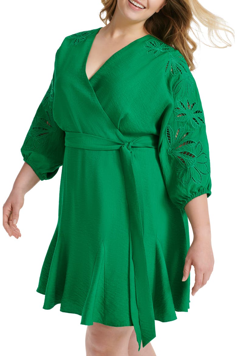 Floral Balloon Sleeve Faux Wrap Dress, Alternate, color, GRASS GREEN