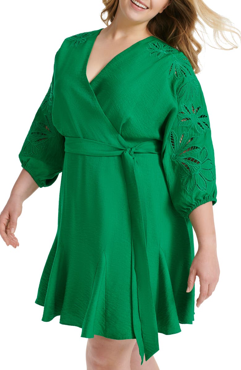 DKNY Floral Balloon Sleeve Faux Wrap Dress, Alternate, color, Grass Green