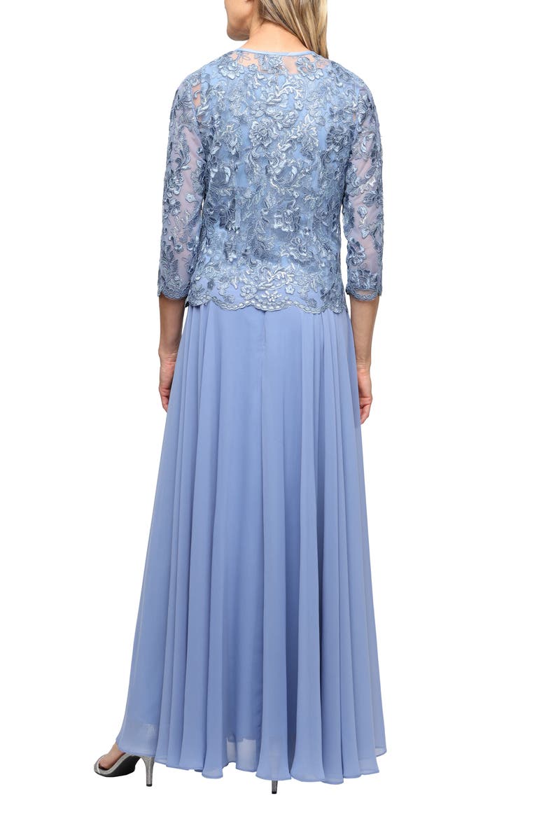 Mixed Media Sleeveless Gown with Embroidered Jacket, Alternate, color, DUSTY BLUE