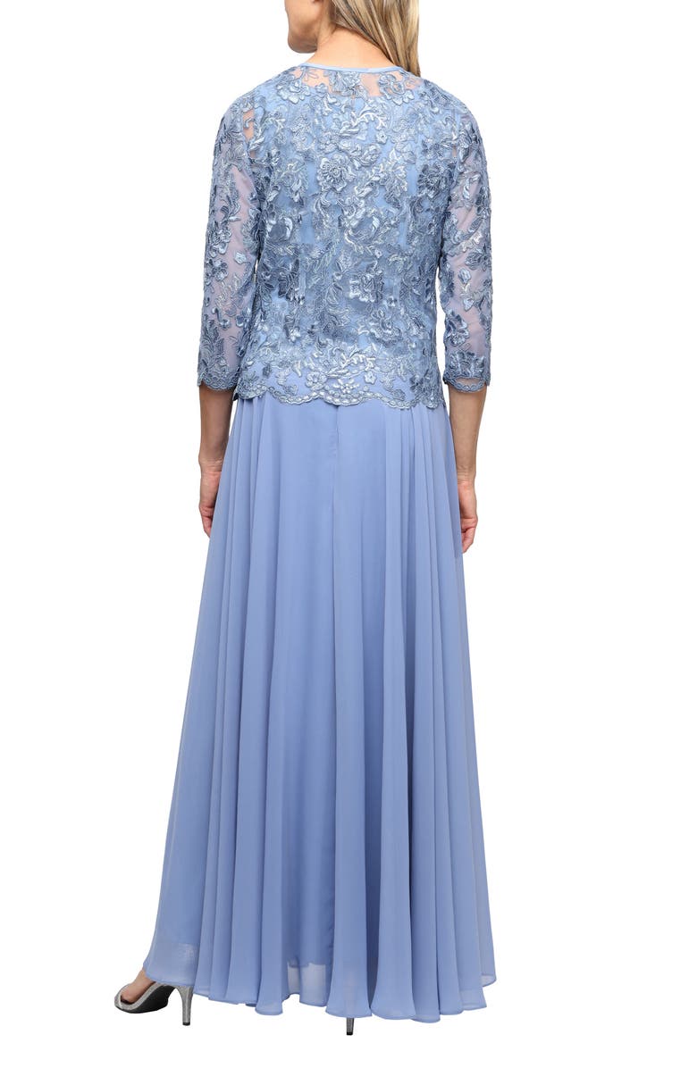 Alex Evenings Mixed Media Sleeveless Gown with Embroidered Jacket, Alternate, color, Dusty Blue