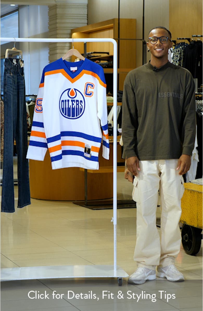 Men's Mitchell & Ness Wayne Gretzky White Edmonton Oilers  1986/87 Blue Line Player Jersey, sales video thumbnail