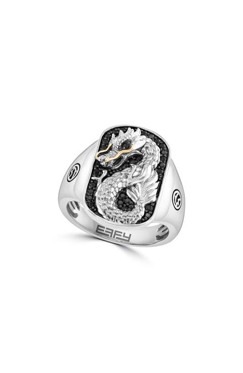 Sterling Silver & 14K Gold Pave Black Sapphire Dragon Ring