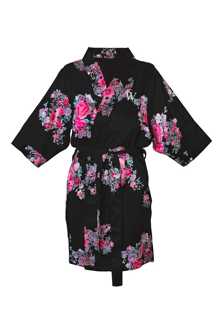 Monogram Floral Satin Robe, Main, color, BLACK- W