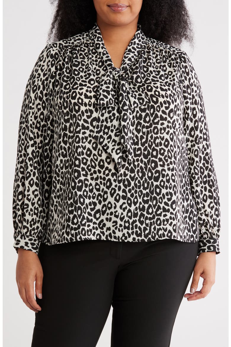 Tie Neck Long Sleeve Top, Main, color, BLACK/ WHITE LEOPARD