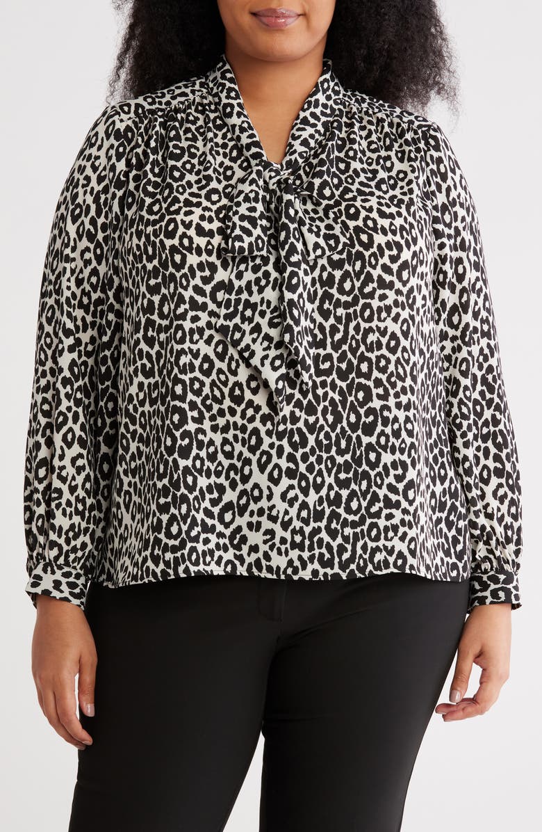 Gemma + Jane Tie Neck Long Sleeve Top, Main, color, Black/ White Leopard