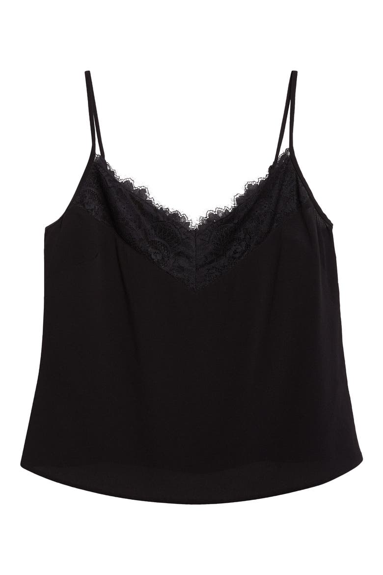 Lace Trim Silk Crepe Camisole, Alternate, color, BLACK