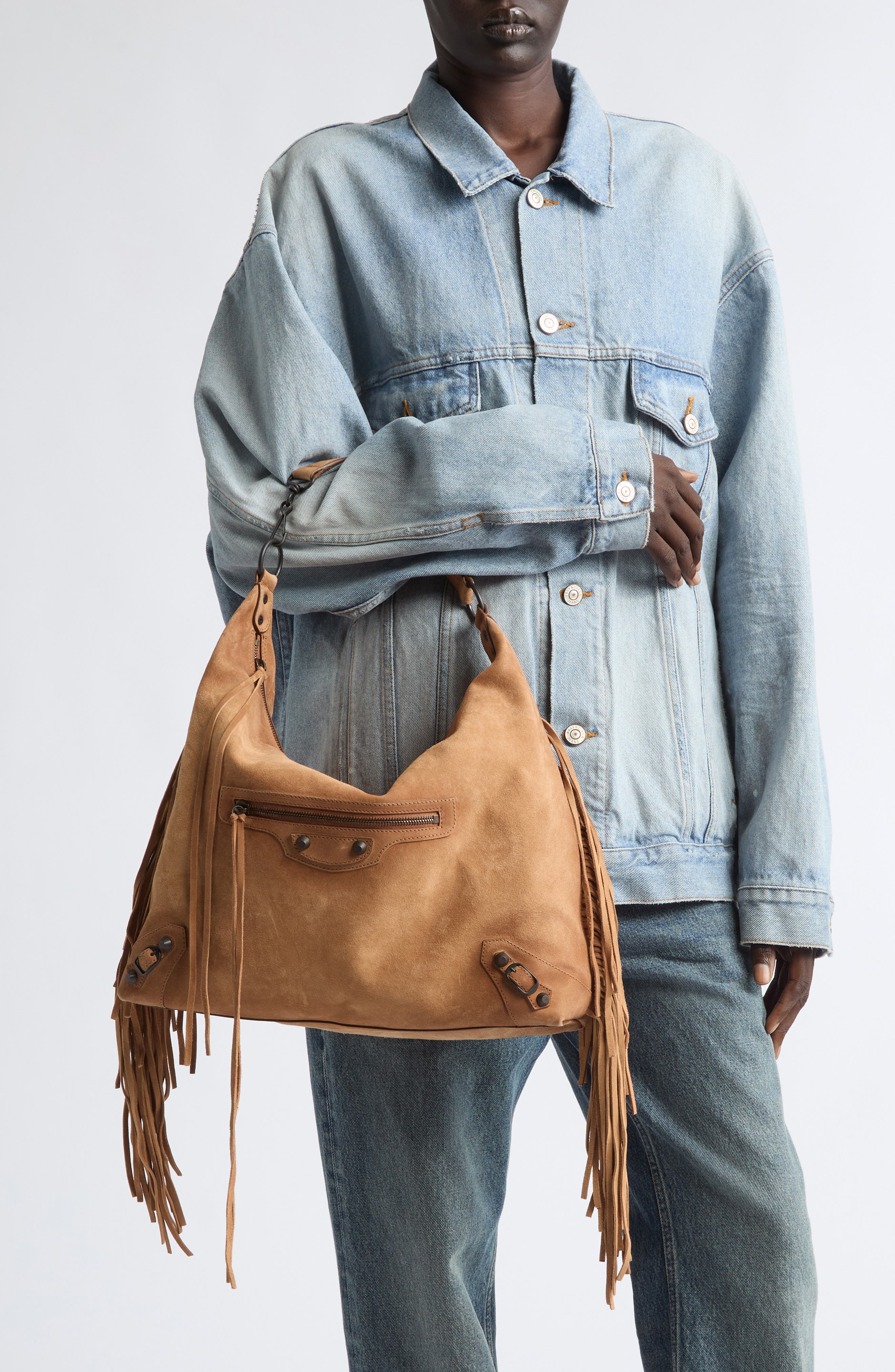 Medium Le City Fringe Waxed Suede Hobo Bag, Alternate, color, 2533 CAMEL