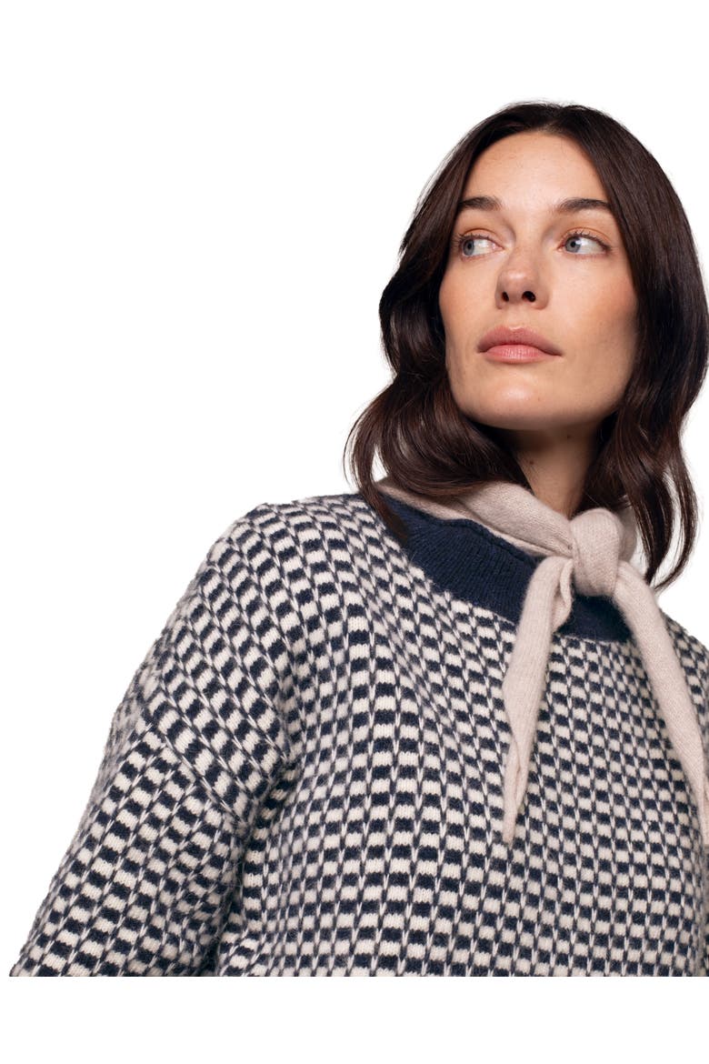 Micro Check Funnel Neck Sweater, Alternate, color, Navy / Ecru