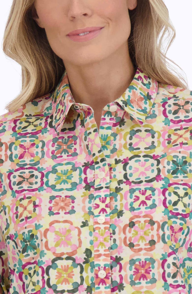 Foxcroft Zoey Watercolor Cotton Button-Up Shirt, Alternate, color, Beige Multi