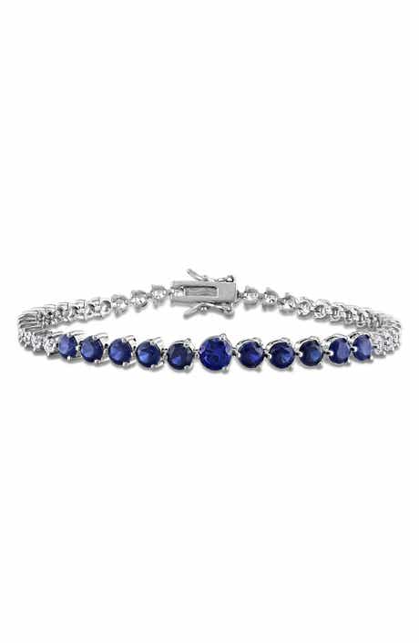 DELMAR Sterling Silver Lab Grown Blue & White Sapphire Tennis Bracelet