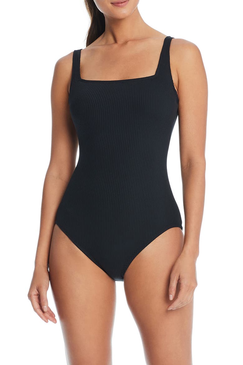 Square Neck Underwire One-Piece Swimsuit, Main, color, BLACK