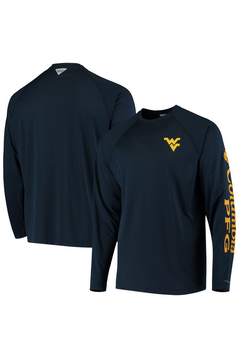 Men's Columbia Navy West Virginia Mountaineers Terminal Tackle Omni-Shade Raglan Long Sleeve T-Shirt, Main, color, Navy