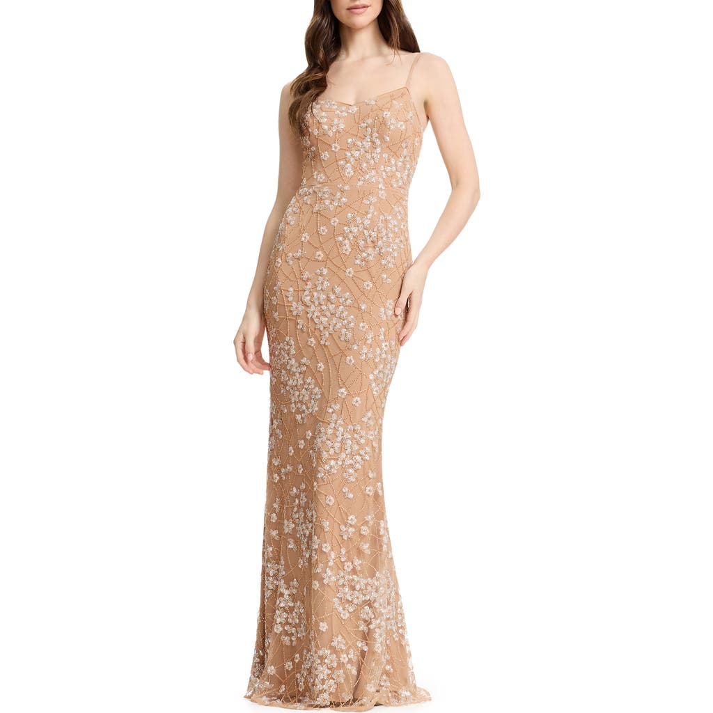 Dress The Population Giovanna Beaded Floral Sheath Gown In Brown