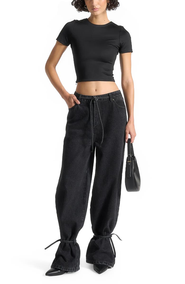 Manière De Voir Faye Wide Mid Rise Jeans with Tie Waist, Alternate, color, Washed Black