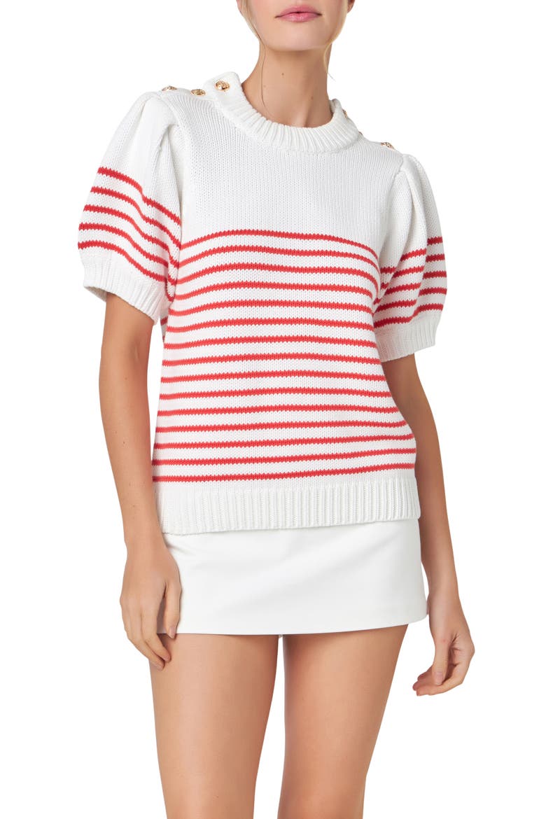 Stripe Short Sleeve Cotton Sweater, Main, color, OFF WHITE/ RED