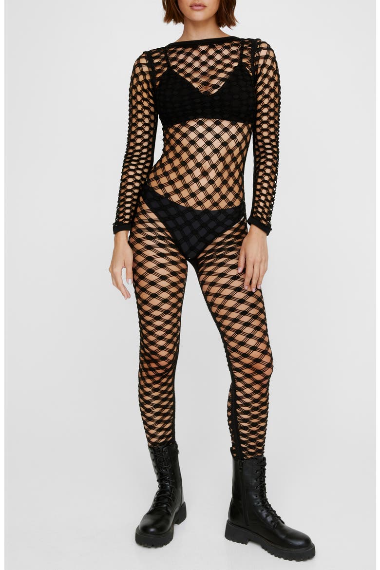 Seamless Long Sleeve Net Jumpsuit, Main, color, BLACK