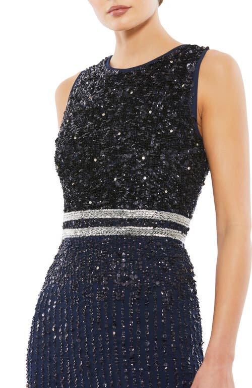 Mac Duggal Sleeveless High Neck Beaded Midi Sheath Dress In Navy