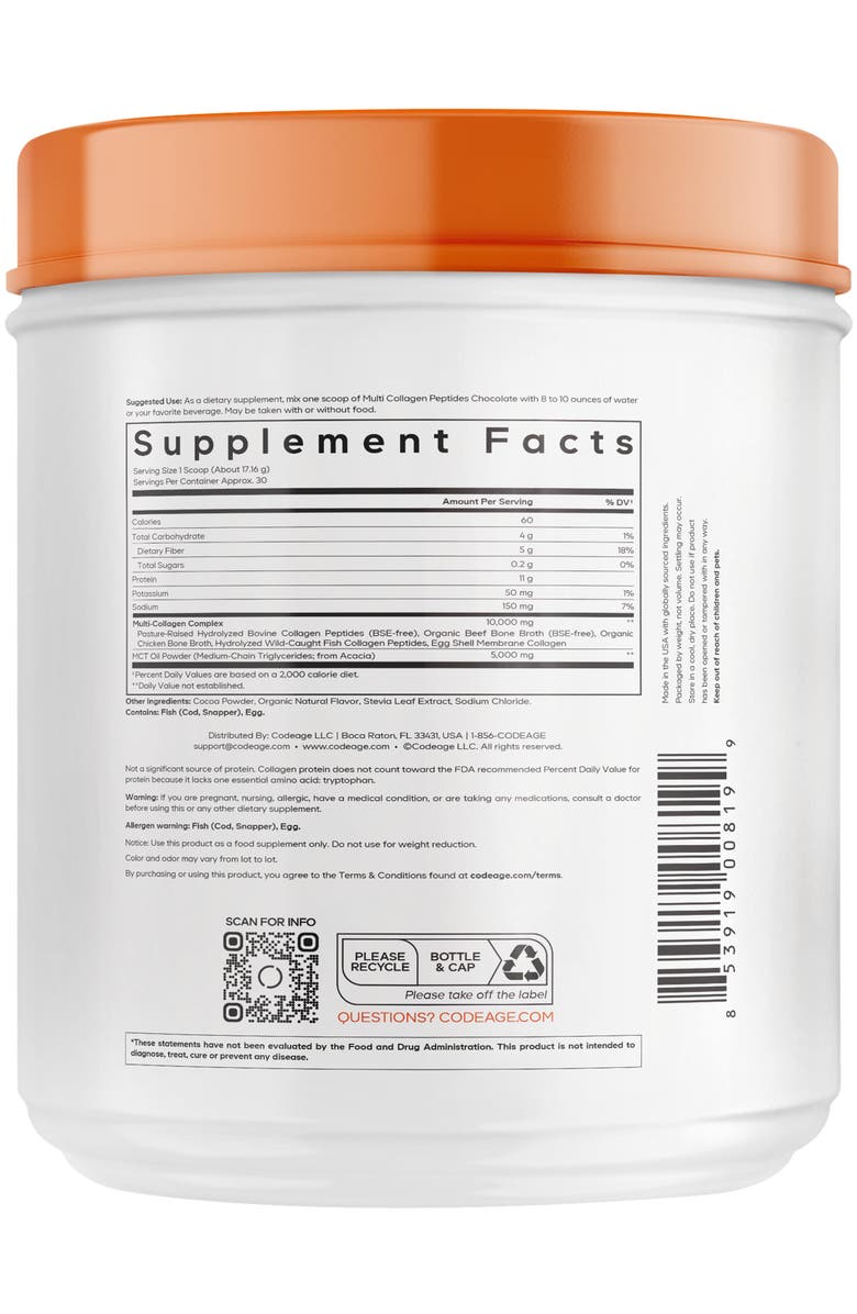 Codeage Multi Collagen Peptides Protein Chocolate Powder Supplement, Alternate, color, White