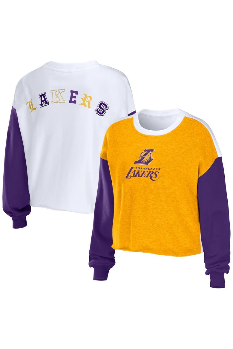 Women's WEAR by Erin Andrews Heather Gold Los Angeles Lakers Mixed Letter Cropped Pullover Sweatshirt, Main, color, Heather Gold