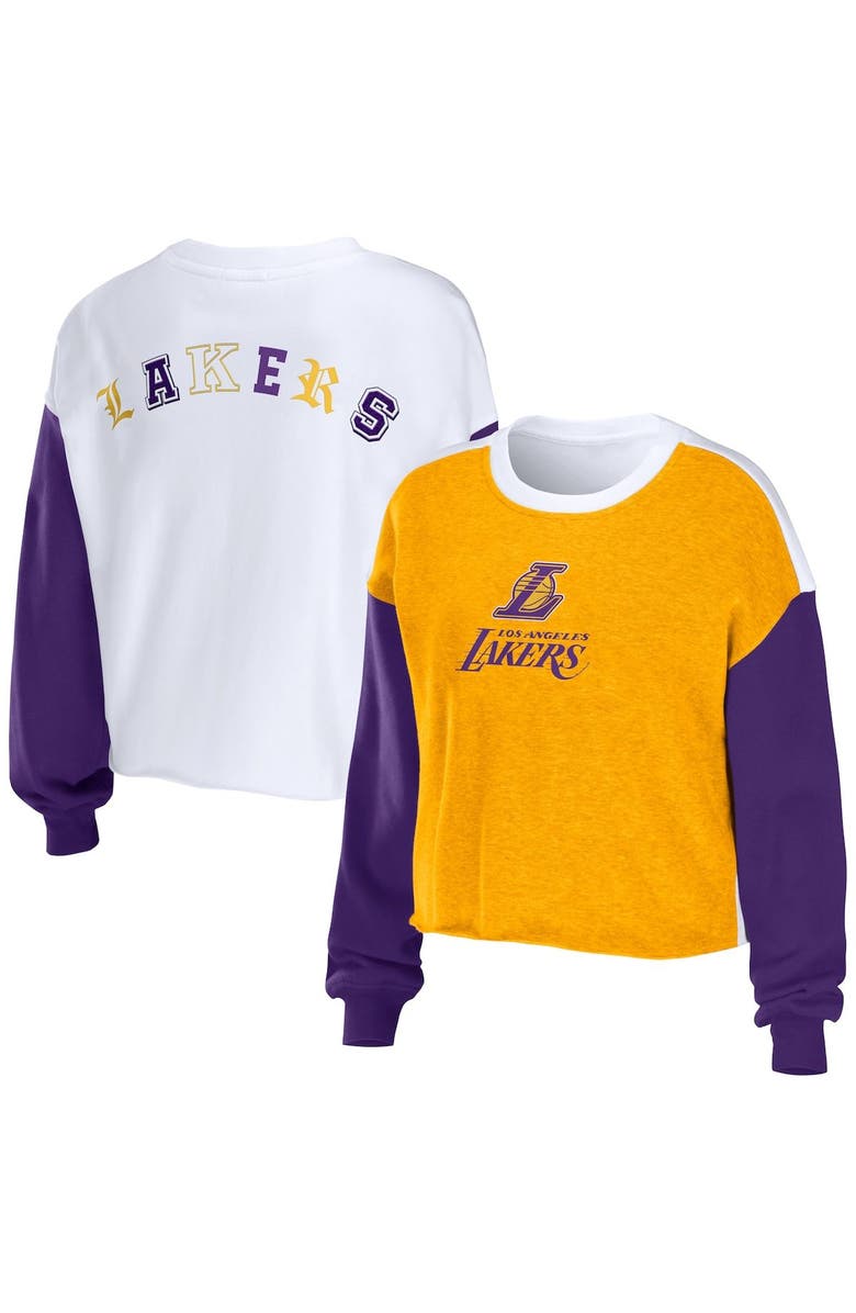 WEAR by Erin Andrews Women's WEAR by Erin Andrews Heather Gold Los Angeles Lakers Mixed Letter Cropped Pullover Sweatshirt, Main, color, Heather Gold