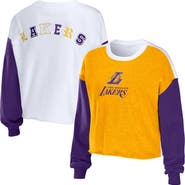 WEAR by Erin Andrews Women's WEAR by Erin Andrews Heather Gold Los Angeles Lakers Mixed Letter Cropped Pullover Sweatshirt