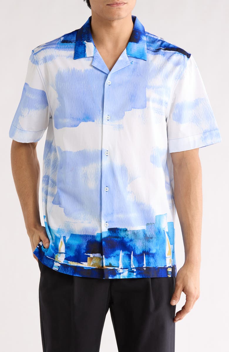 Bugatchi Cole OoohCotton<sup>®</sup> Woven Print Short Sleeve Button-Up Shirt, Main, color, Classic Blue