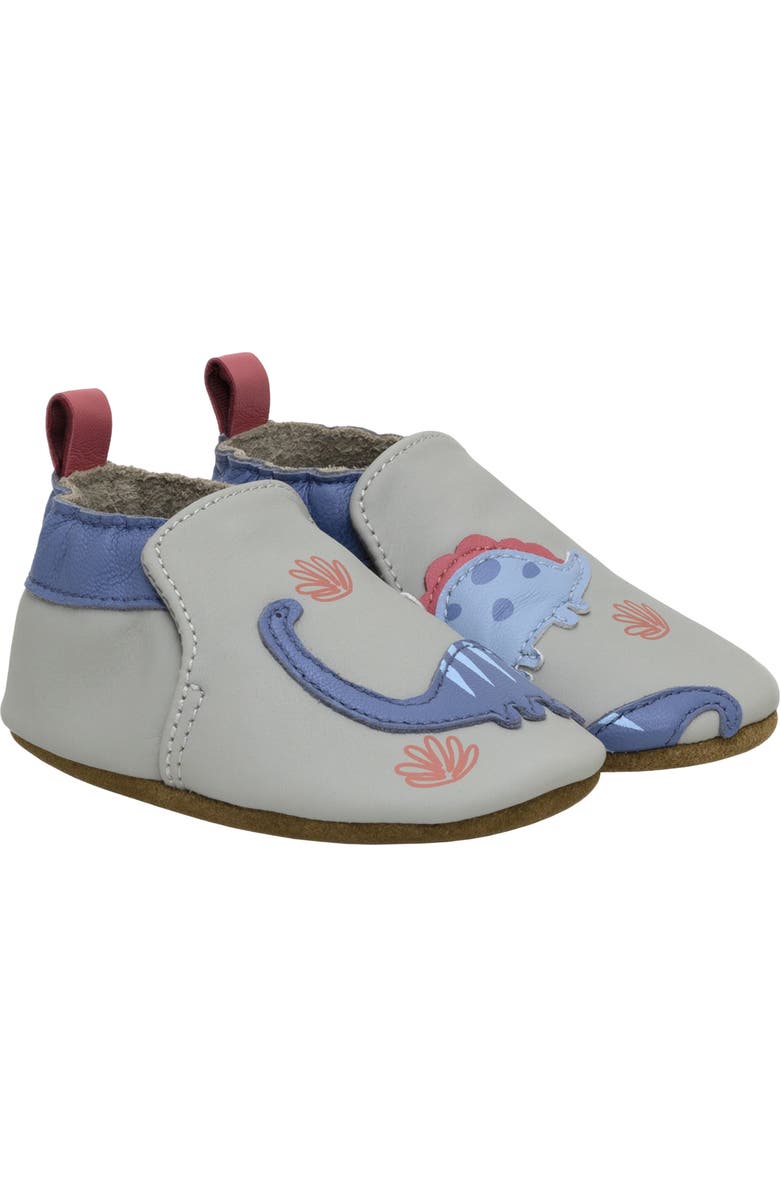 Robeez<sup>®</sup> Dino Pals Leather Crib Shoes, Main, color, Grey