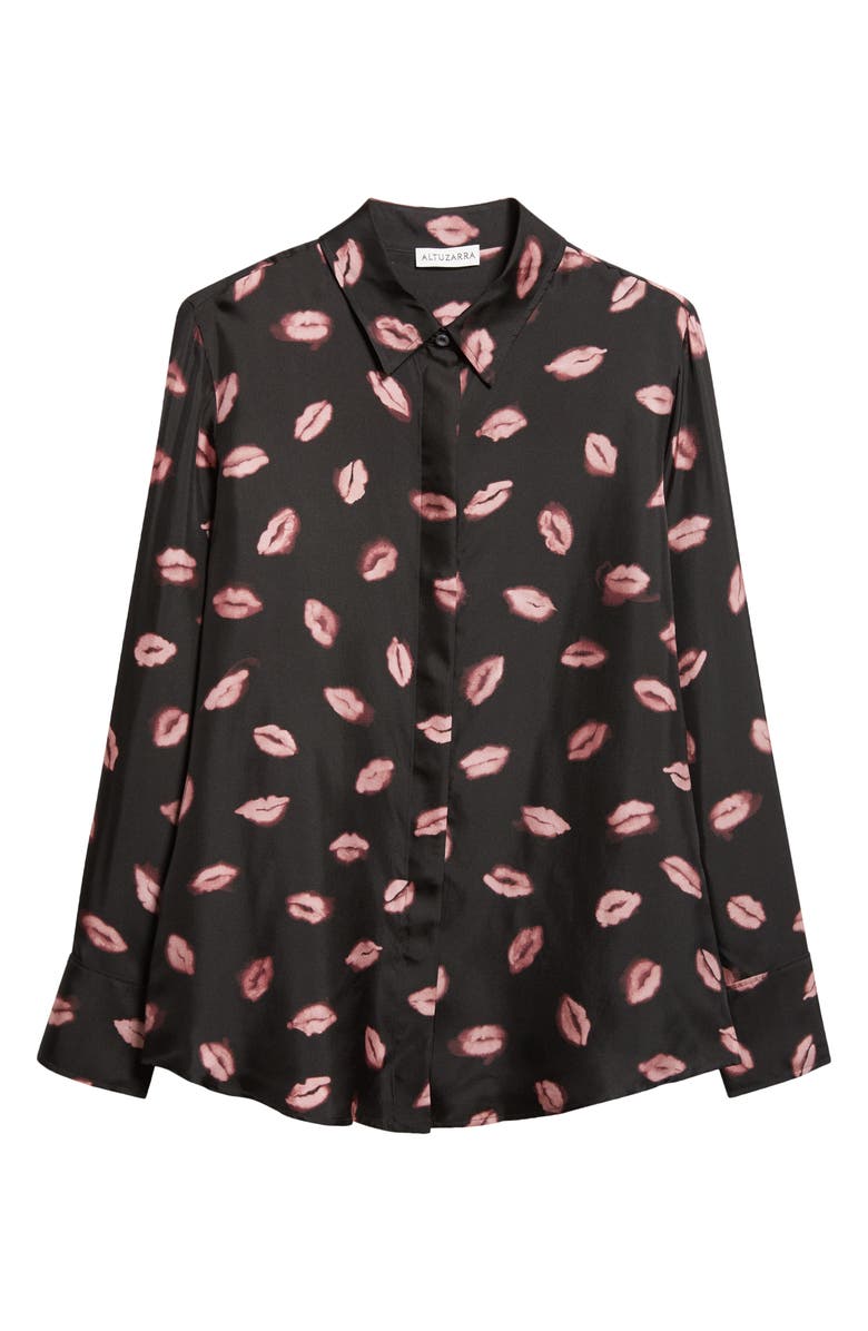 Altuzarra Chika Kisses Print Silk Chiffon Button-Up Shirt, Alternate, color, Black Kisses
