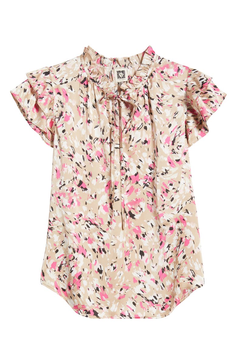 Anne Klein Floral Ruffle Sleeve Tie Neck Top, Alternate, color, 