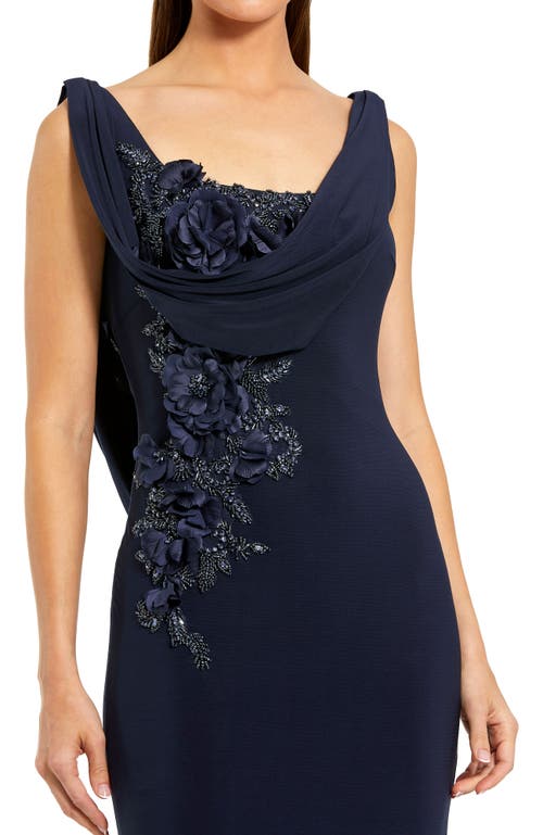 Mac Duggal Sleeveless Jersey Cowl Neck Gown With Beading In Navy