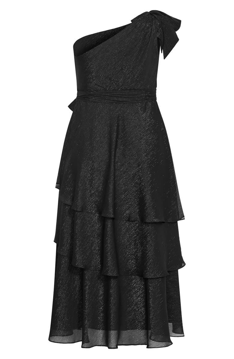 City Chic Metallic One-Shoulder Tiered Dress, Alternate, color, Black/ Silver