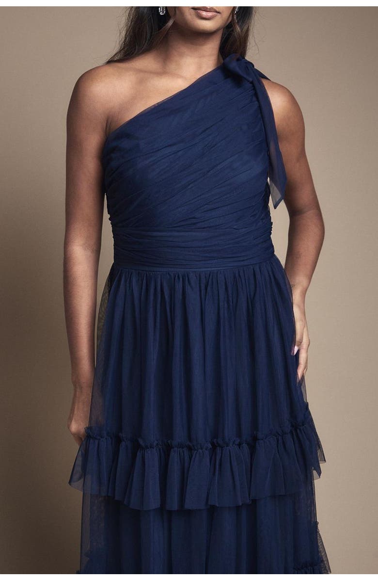 Oasis Pleated One Shoulder Tiered Maxi Dress, Alternate, color, Navy
