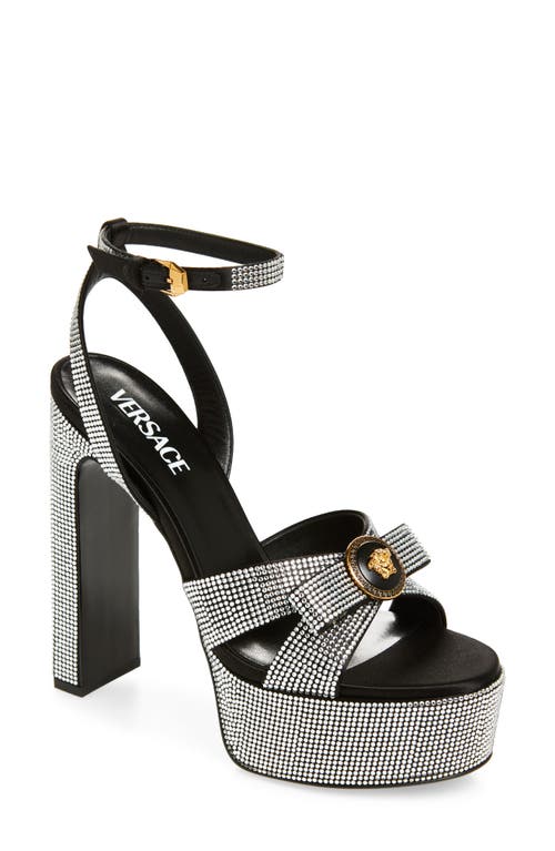 Versace Gianni Ribbon Crystal Leather Platform Sandals In Silver