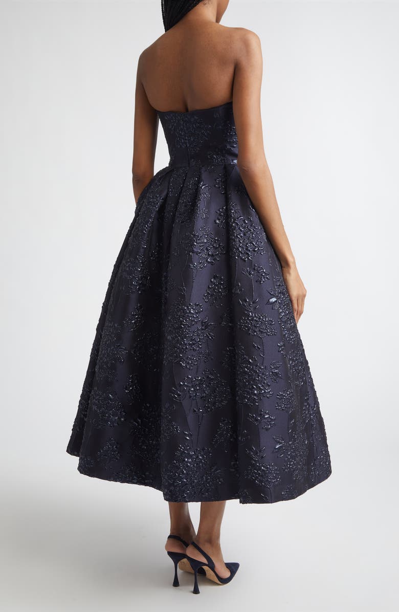 Carolina Herrera Strapless Metallic Floral Jacquard Midi Dress, Alternate, color, Midnight