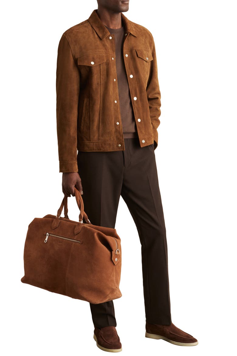 Edington Goatskin Suede Trucker Jacket, Alternate, color, TOBACCO BROWN