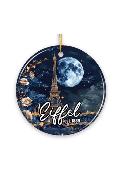 Eiffel Tower Moonlit Night Round Ceramic Ornament