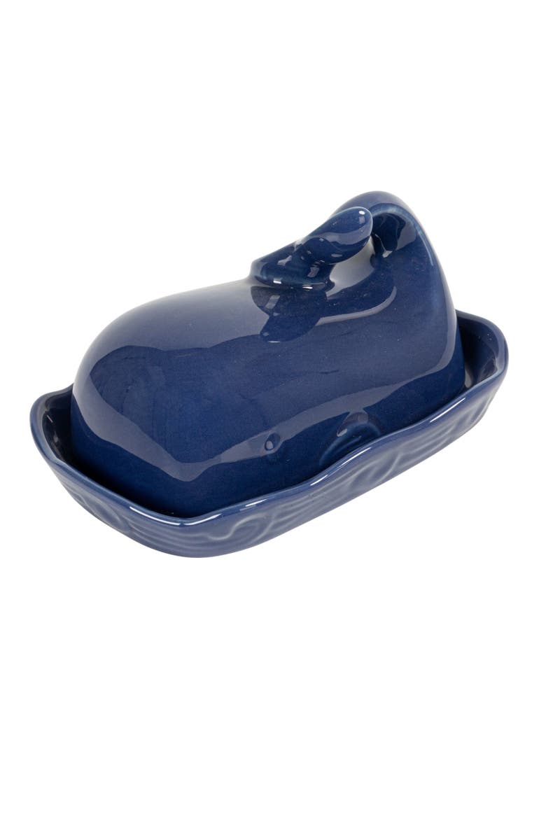 Coastal Stoneware Whale Shaped Butter Dish, Navy Blue, Main, color, Blue
