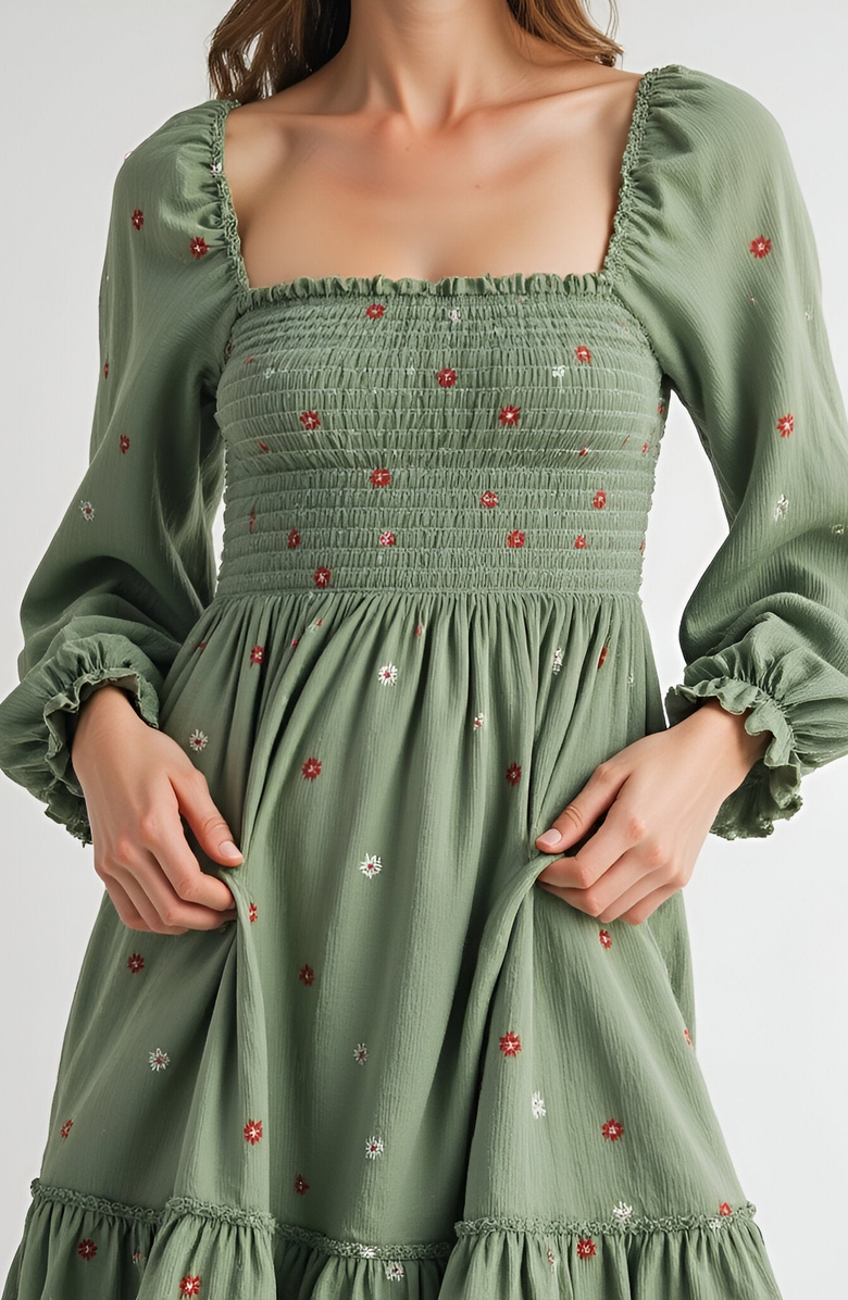 Modenaire Floral-Embroidered Smocked Tiered Open-Back Maxi Dress, Alternate, color, Floral