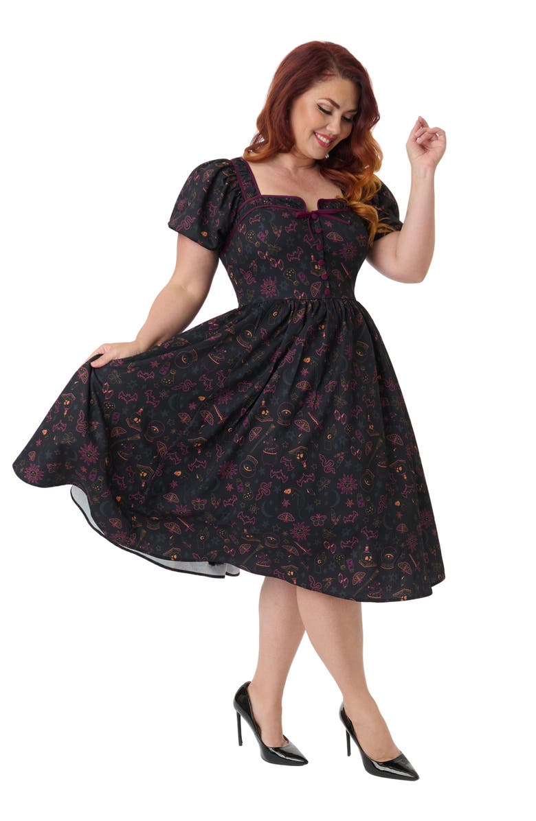 Unique Vintage Plus Size 1940s Sweetheart Button Front Swing Dress, Main, color, Black Mystical Icons