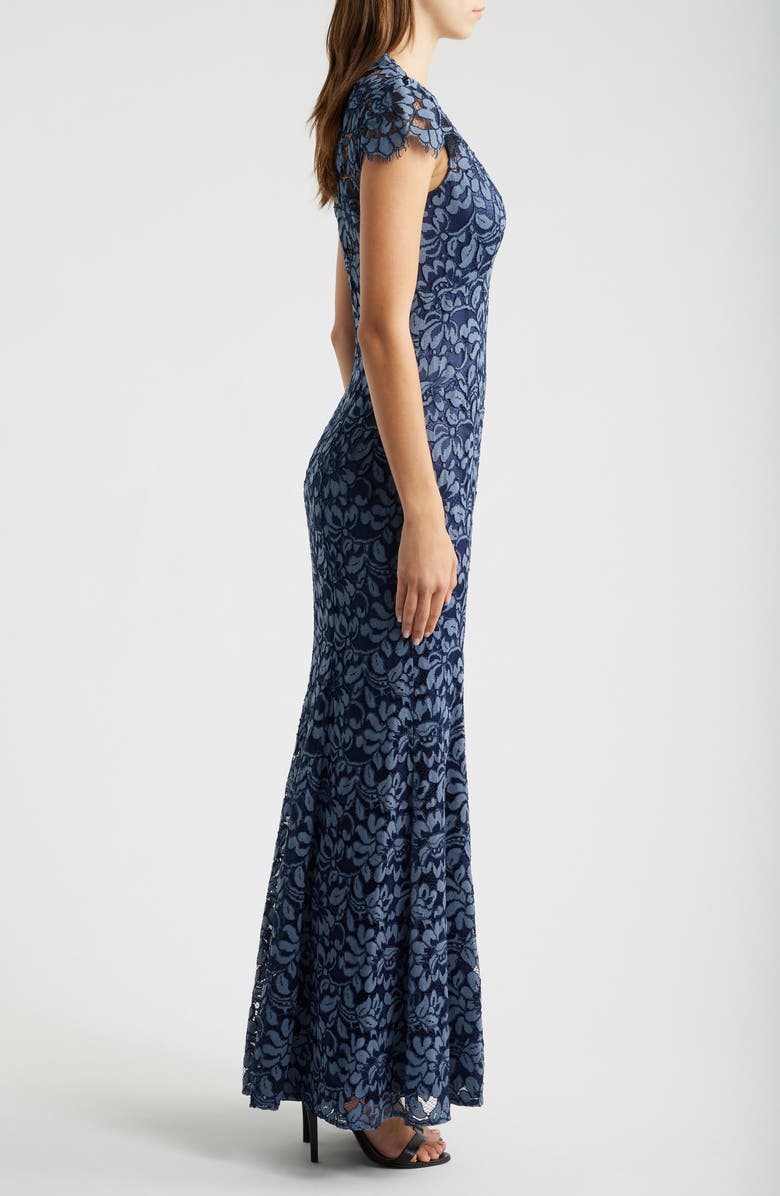 Eliza J Illusion Yoke Lace Trumpet Gown, Alternate, color, Denim