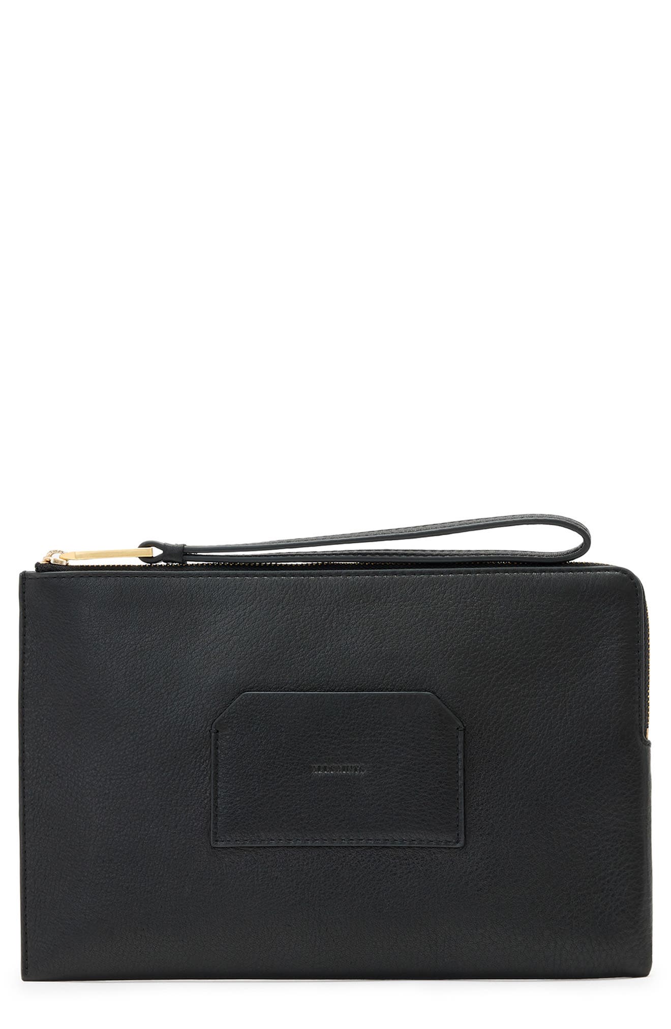 AllSaints Joshi Large Leather Wristlet Clutch, Main, color, Black