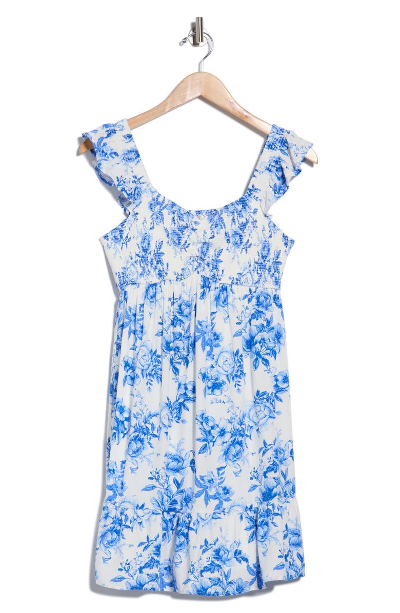 Madden Girl Floral Ruffle Smocked Tiered Minidress, Alternate, color, White Blue