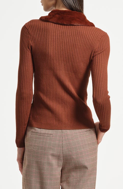 Isaac Mizrahi New York Faux Fur Collar Rib Cardigan In Brown