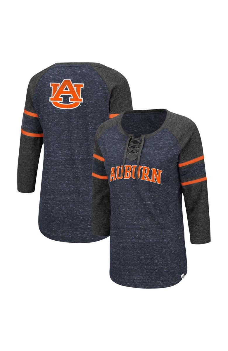 COLOSSEUM Women's Colosseum Navy/Heathered Charcoal Auburn Tigers Scienta Pasadena Raglan 3/4 Sleeve Space Dye Lace-Up T-Shirt, Main, color, 