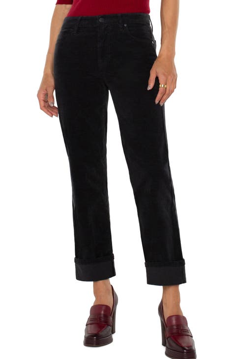 Women Black Corduroy Pouch Pocket Drawstring Pants main image 1
