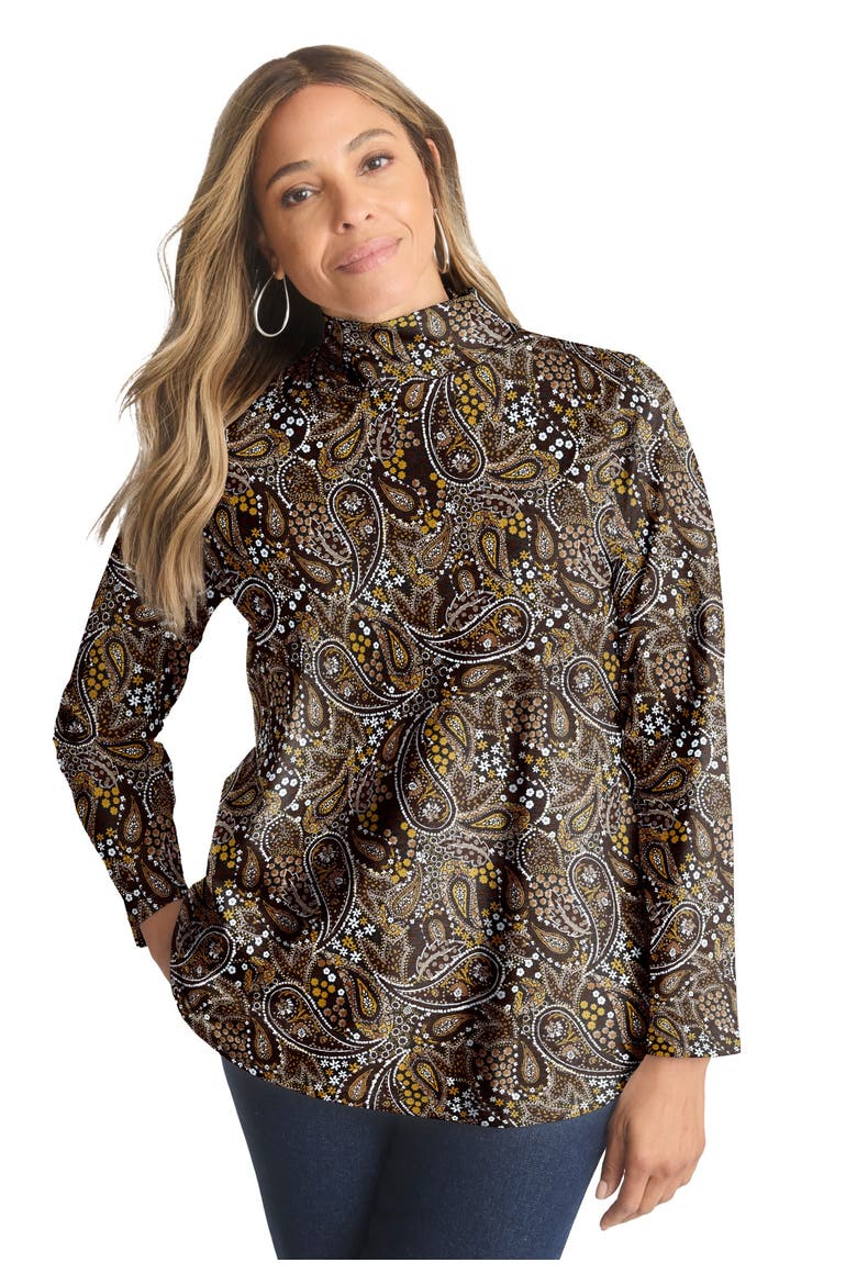 Long Sleeve Mockneck Tee (plus), Main, color, BROWN GARDEN PAISLEY